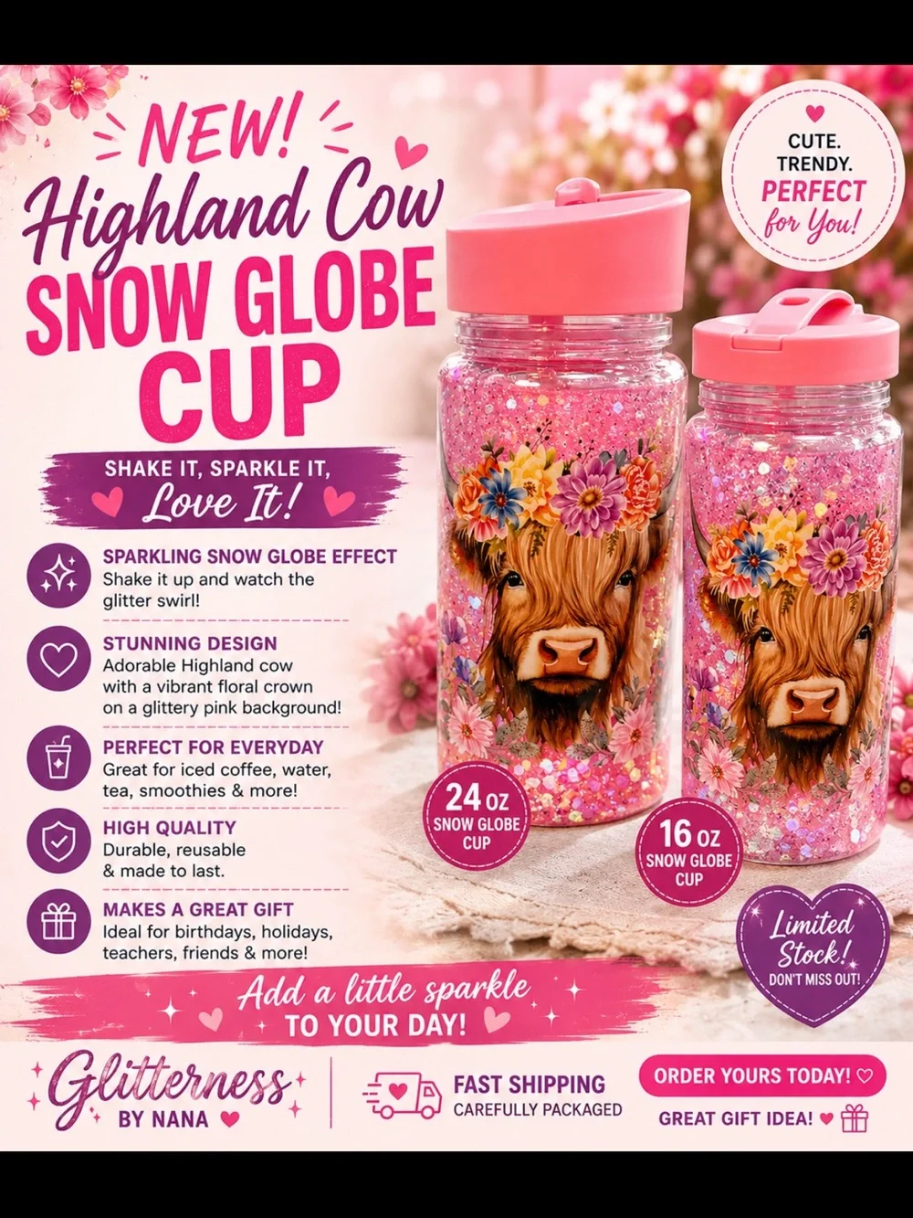 Highland Cow Snow Globe Cup - Pink Glitter